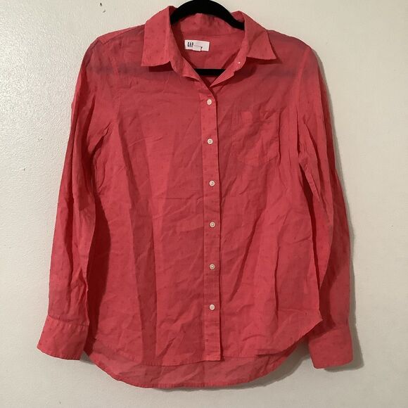 Gap Coral Polka Dot Lightweight Casual School Boyfriend Fit Button Down Shirt S - Picture 1 of 7